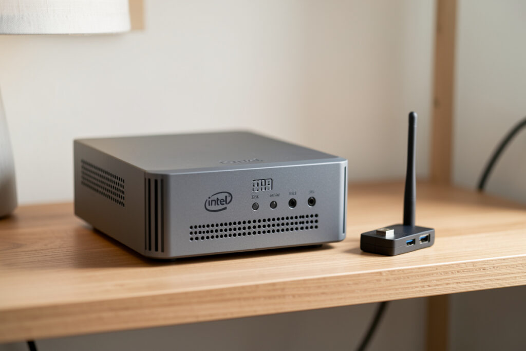 A home automation hub mini-PC beside a Zigbee USB coordinator stick on a wooden shelf