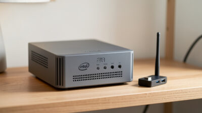 A home automation hub mini-PC beside a Zigbee USB coordinator stick on a wooden shelf