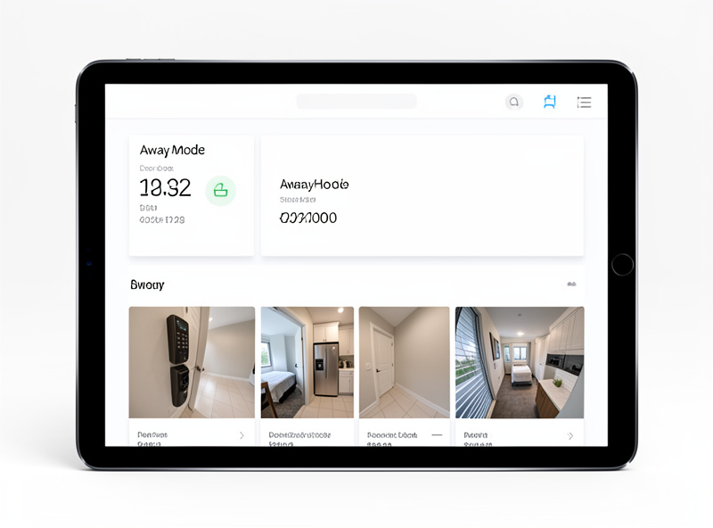 A Home Assistant dashboard away-mode panel showing lock status and cameras that appears when the house is empty