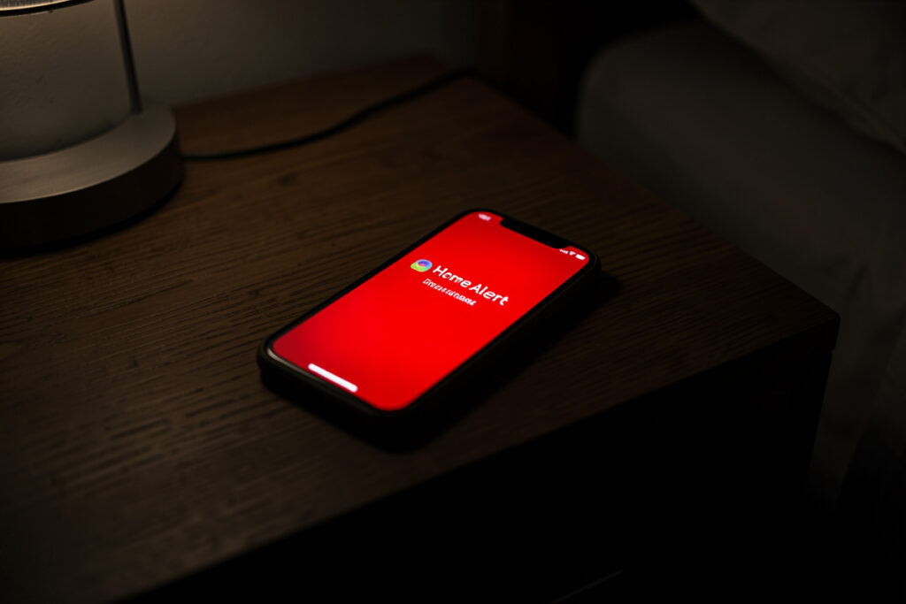 Phone on a nightstand at night glowing with an urgent home leak alert
