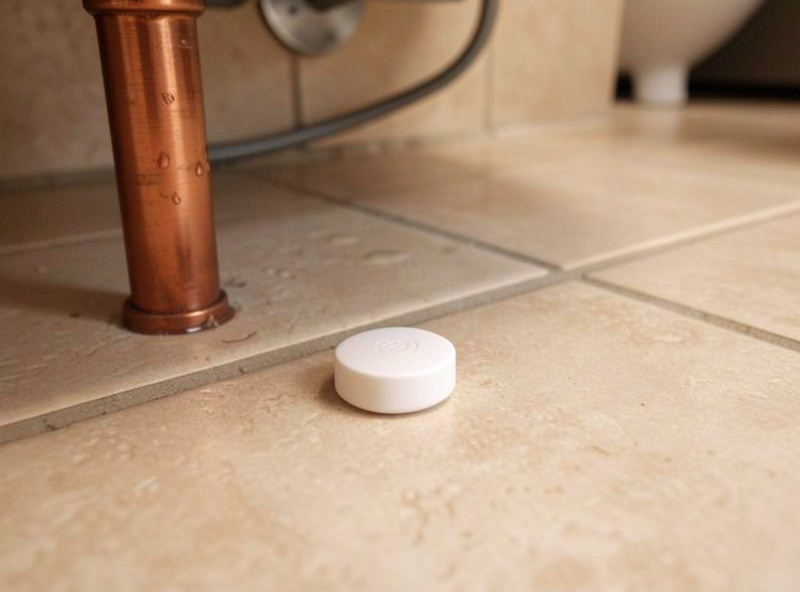 A small round water leak sensor on a tiled floor beside a copper pipe under a sink
