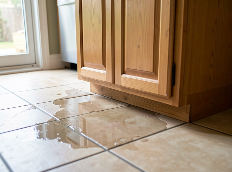 Water pooling on a kitchen floor at the base of a wooden cabinet