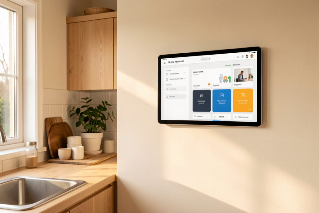 Clean Home Assistant dashboard on a wall-mounted kitchen tablet