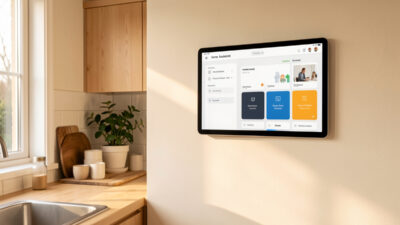Clean Home Assistant dashboard on a wall-mounted kitchen tablet