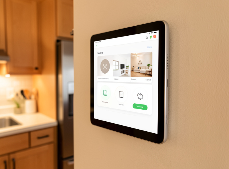 A tablet on a kitchen wall showing a clean room-based Home Assistant dashboard with a few large touch controls