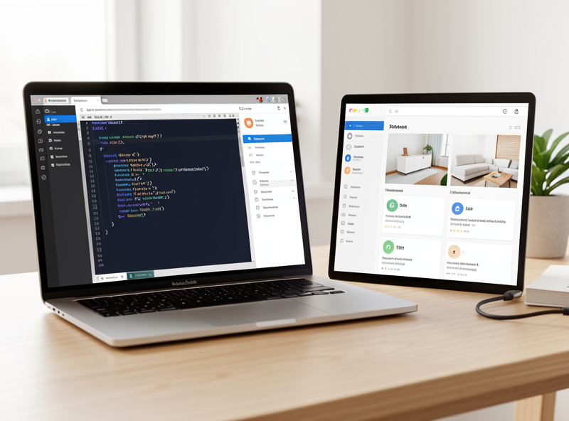 A laptop showing the Home Assistant YAML dashboard editor next to a rendered clean room view