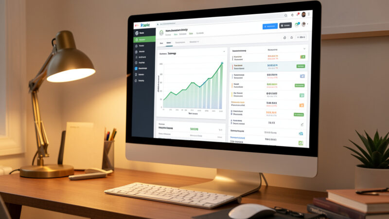 Monitor showing a Home Assistant database storage graph and history dashboard under warm desk light