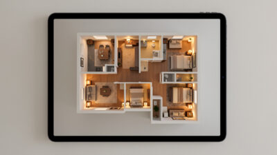 Home Assistant floorplan dashboard on a wall tablet with lit rooms