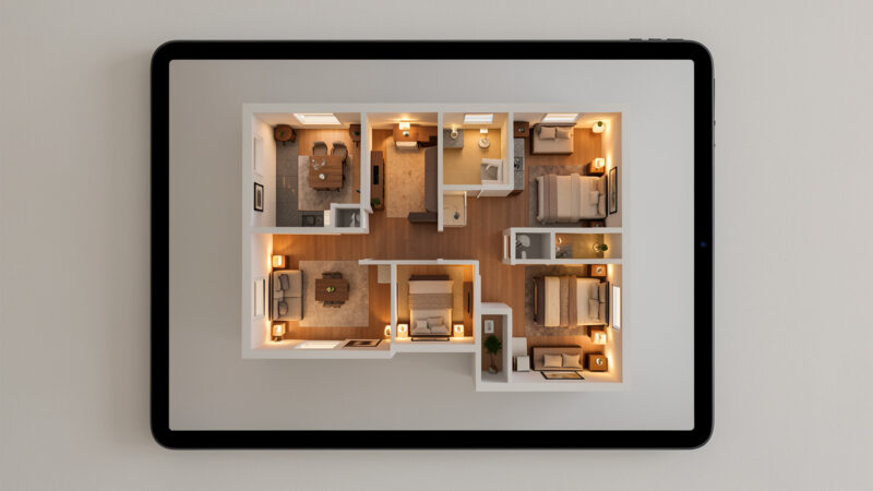 Home Assistant floorplan dashboard on a wall tablet with lit rooms