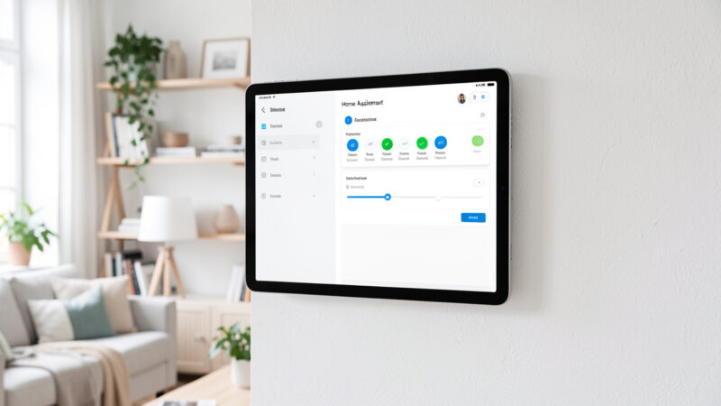 Wall-mounted tablet showing a Home Assistant dashboard with toggles, sliders and a mode dropdown in a Scandinavian living room