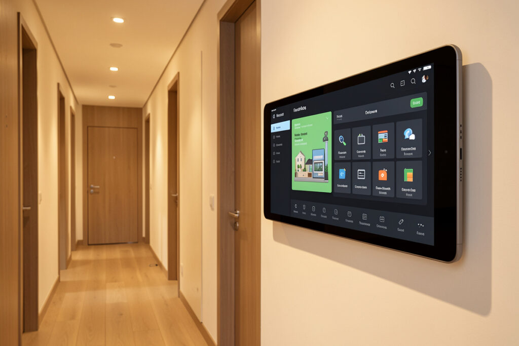 Wall-mounted tablet running a full-screen Home Assistant kiosk dashboard