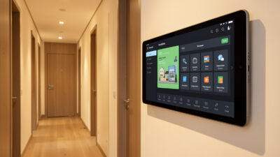 Wall-mounted tablet running a full-screen Home Assistant kiosk dashboard