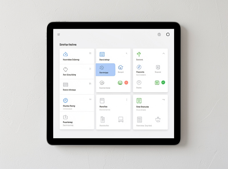 A wall-mounted tablet showing a full-screen Home Assistant dashboard with no browser bars or sidebar