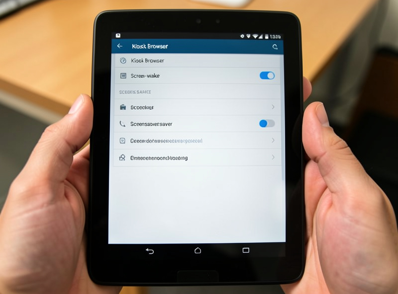 Fully Kiosk Browser settings screen showing screen wake and screensaver options on an Android tablet