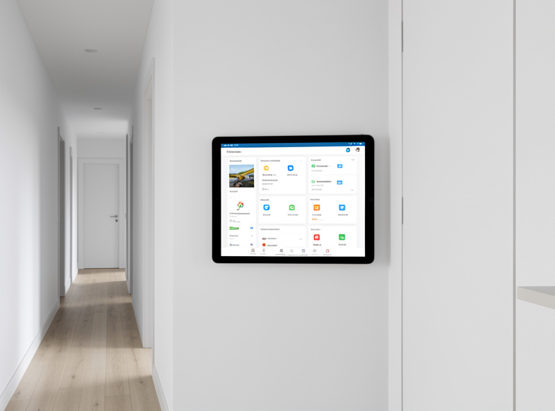 A tablet mounted flush on a wall running a locked full-screen smart home dashboard in a hallway