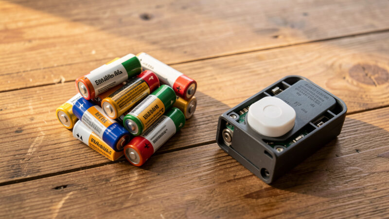A pile of coin-cell and AA batteries beside a disassembled door sensor