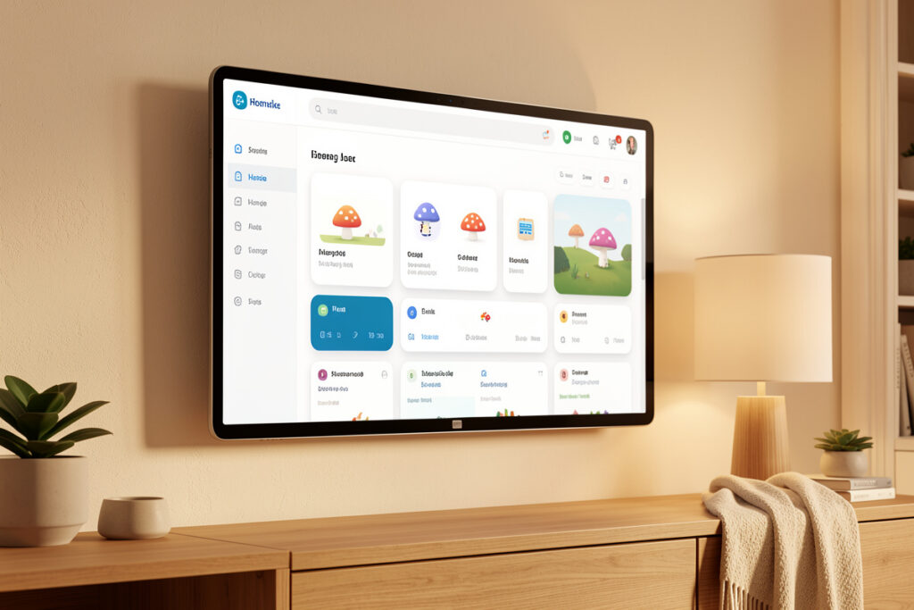 Clean Mushroom-style Home Assistant dashboard on a wall tablet