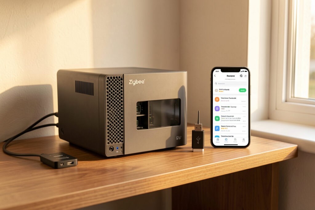 Home Assistant hub, Zigbee coordinator and a phone showing stacked home automation alerts
