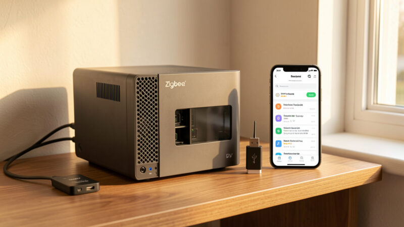 Home Assistant hub, Zigbee coordinator and a phone showing stacked home automation alerts
