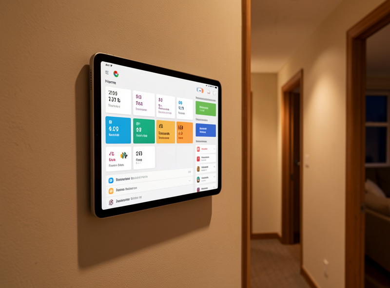 Hallway wall tablet showing home status tiles and a notifications feed