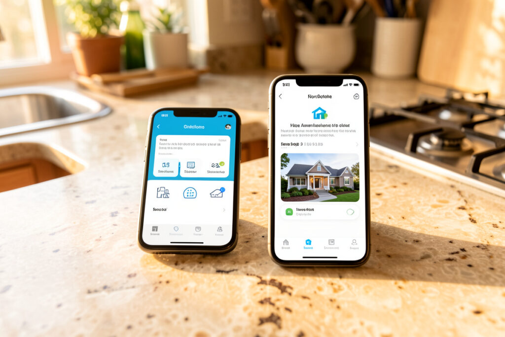 Two smartphones on a counter each showing a different home automation notification