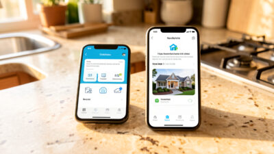 Two smartphones on a counter each showing a different home automation notification