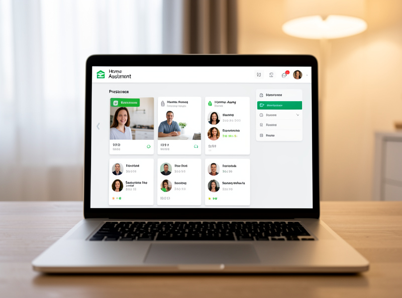 Laptop showing a Home Assistant presence dashboard with person cards and home-away status