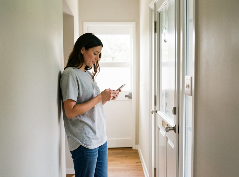 A person glancing at their phone in a hallway near a front door
