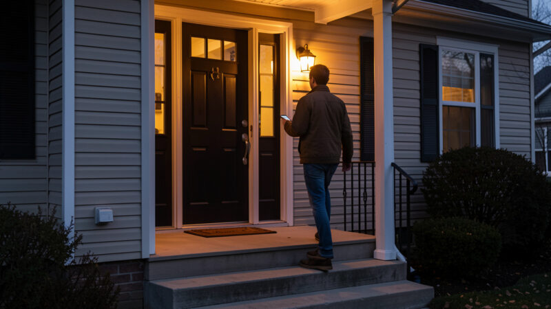 A person walking up to a house front door at dusk with a phone in hand