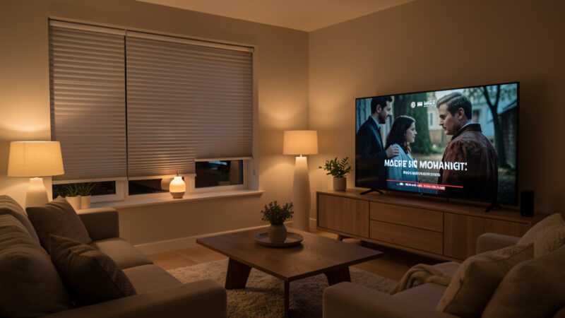 Cosy living room dimmed for movie night with lowered blinds and a paused film on the TV