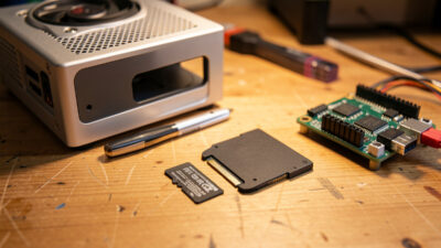 A microSD card and a 2.5-inch SSD side by side on a workbench next to a mini-PC and a Raspberry Pi