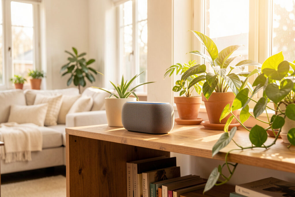 A smart speaker on a shelf in a bright living room with plants