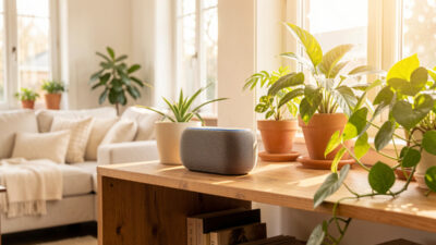 A smart speaker on a shelf in a bright living room with plants