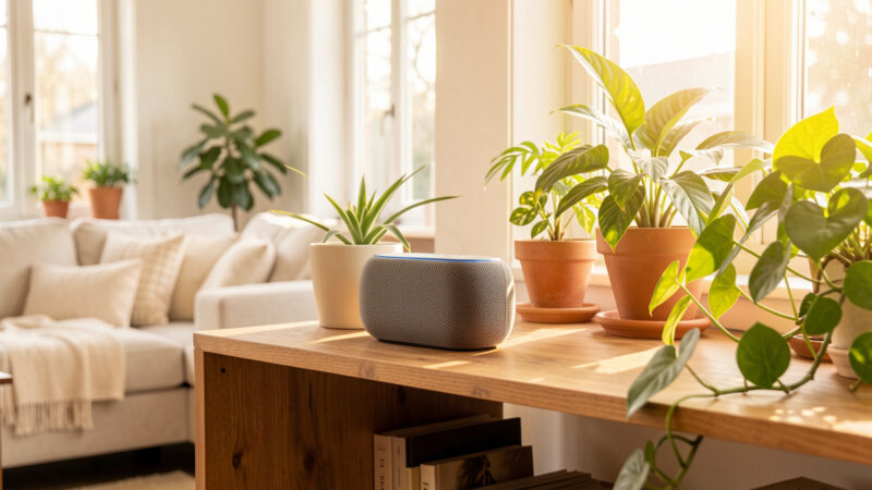 A smart speaker on a shelf in a bright living room with plants