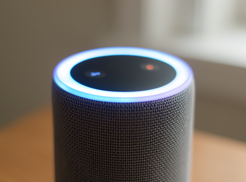 Close-up of a smart speaker with its light ring glowing as it speaks