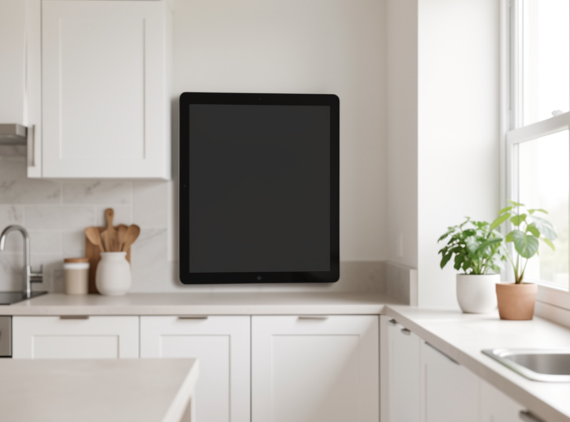 A wall-mounted tablet acting as a media player in a modern kitchen