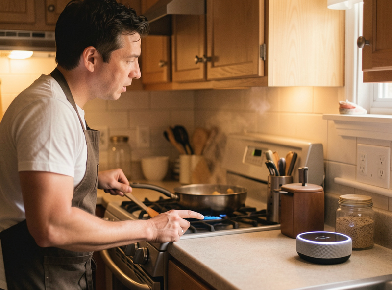 A person in a kitchen turning toward a countertop smart speaker