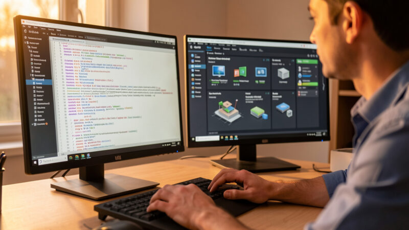 Person at a desk calmly reviewing a software update changelog with a home automation dashboard on a second screen