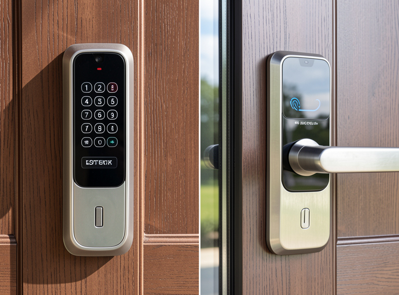 Side by side comparison of smart lock keypad and fingerprint scanner entry methods