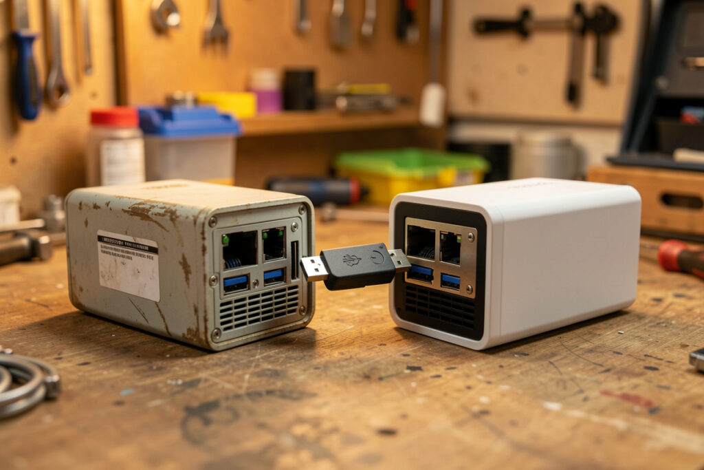 Two mini-PCs on a workbench with a USB Zigbee coordinator stick being moved between them