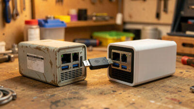 Two mini-PCs on a workbench with a USB Zigbee coordinator stick being moved between them