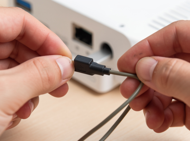 Hands unplugging a USB Zigbee radio coordinator stick on a short extension cable from a mini-PC