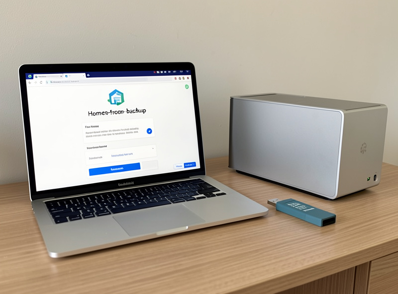 Laptop showing a Home Assistant onboarding restore-from-backup screen beside a fresh mini-PC and a USB drive