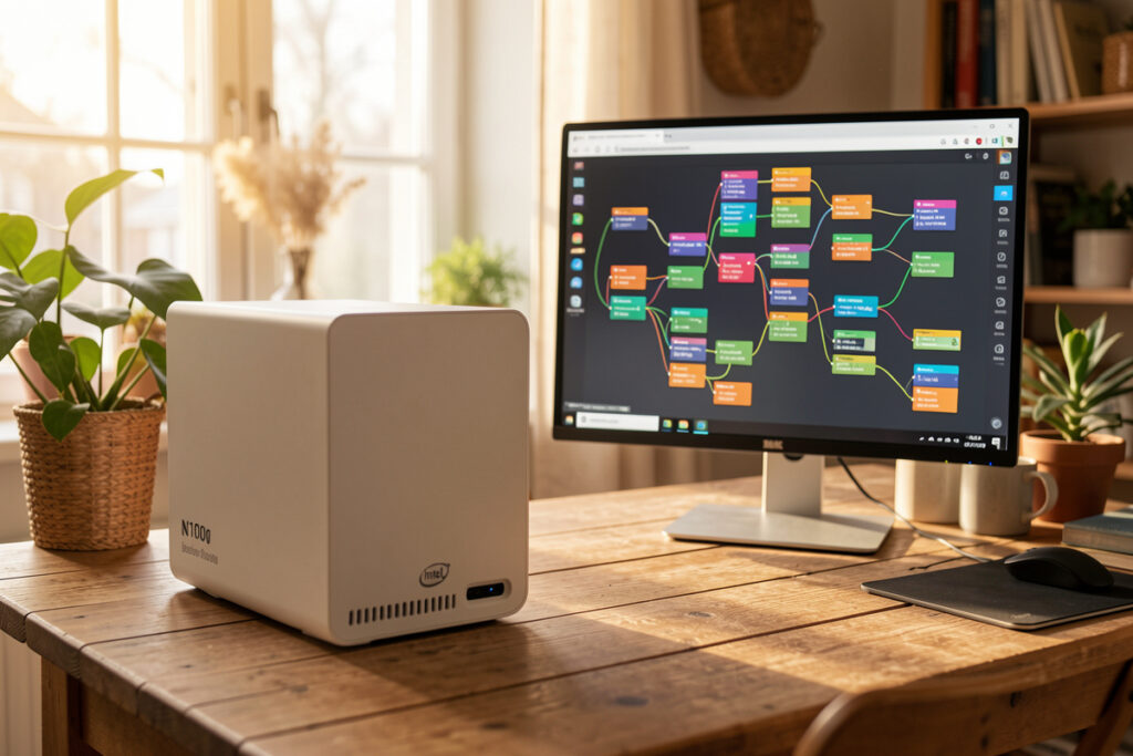 An Intel N100 Home Assistant hub beside a monitor showing a Node-RED visual flow, in a Scandinavian room