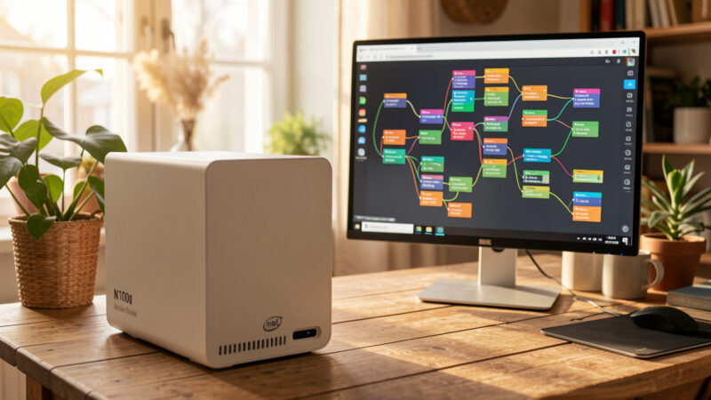 An Intel N100 Home Assistant hub beside a monitor showing a Node-RED visual flow, in a Scandinavian room