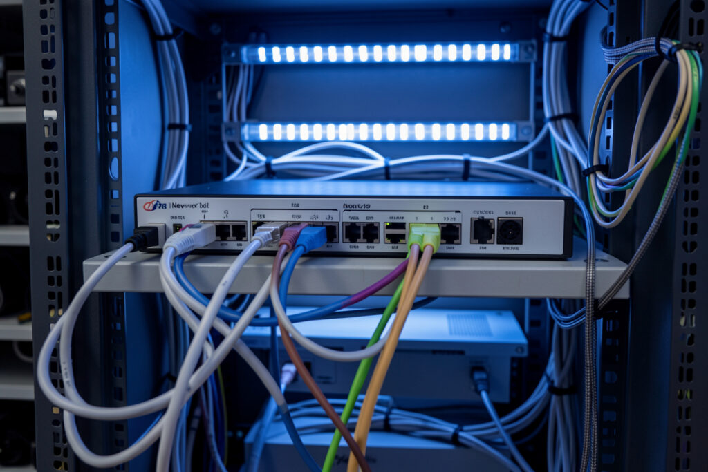 PoE network switch with several ethernet cables feeding security cameras