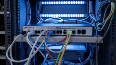 PoE network switch with several ethernet cables feeding security cameras