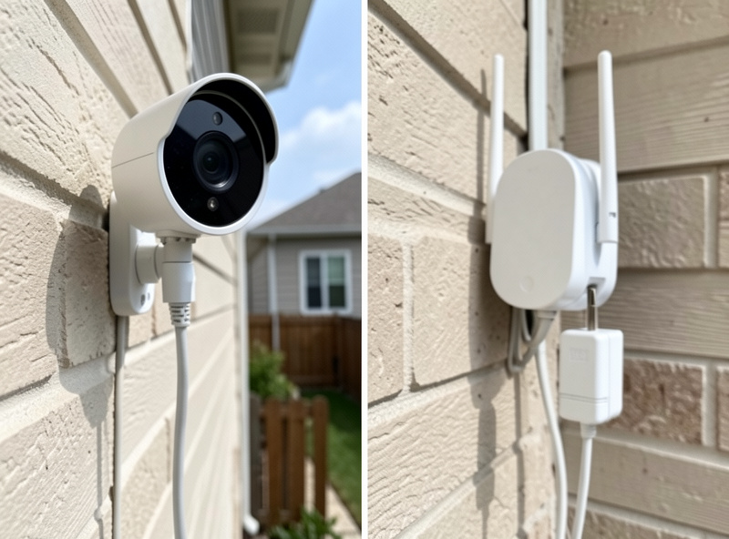 Split scene of an outdoor camera with a single ethernet cable versus a wifi camera with a power adapter