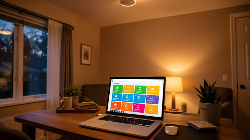 Cozy home office at dusk with warm lights and a laptop showing home automation room occupancy cards