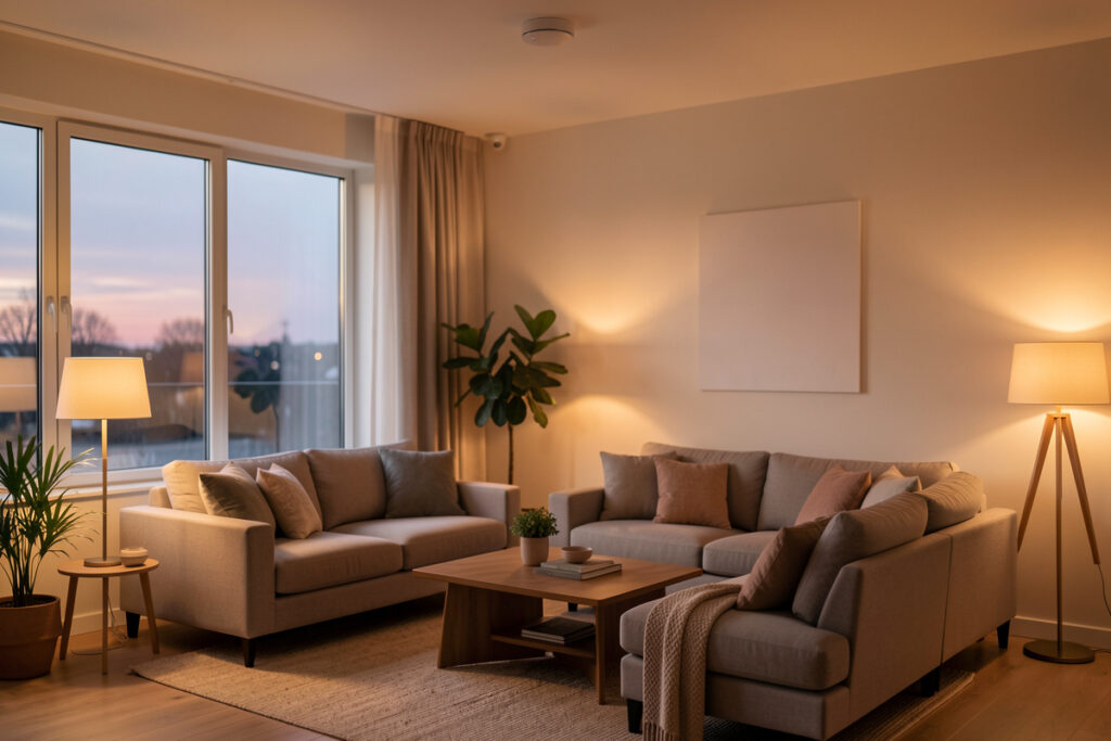 Wide shot of a warm living room at dusk with a discreet ceiling-mounted presence sensor